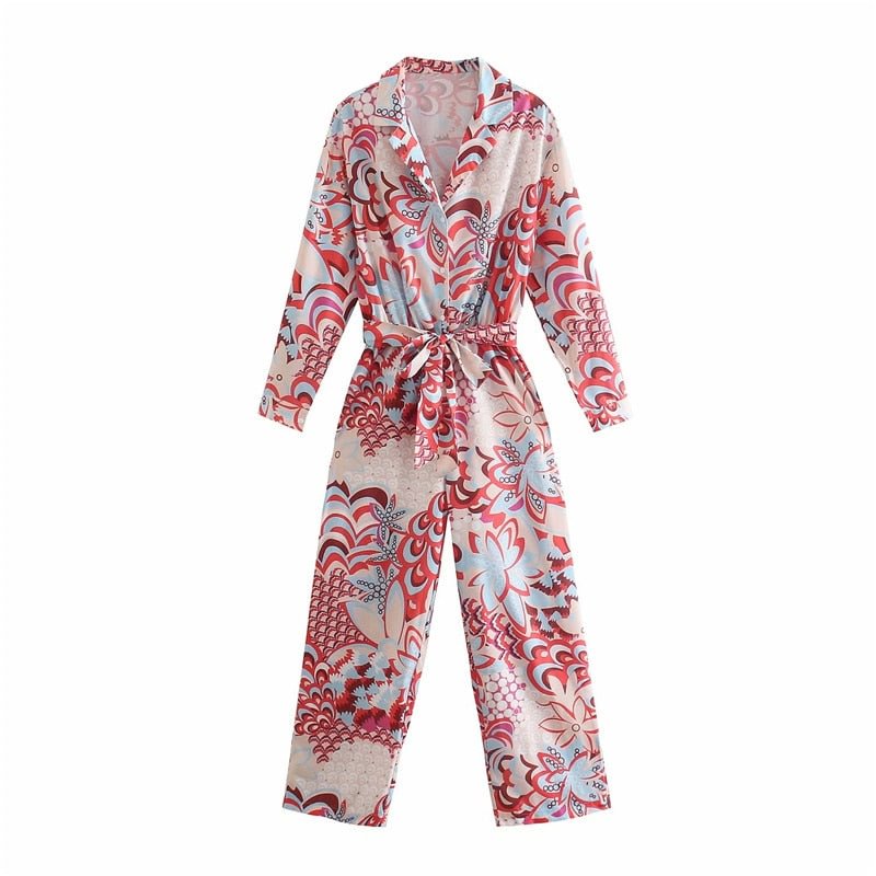 PUWD Vintage Woman Red Print Sashes Jumpsuits 2021 Spring Casual Female High Waisted Jumpsuit Ladies Floral Beach Rompers