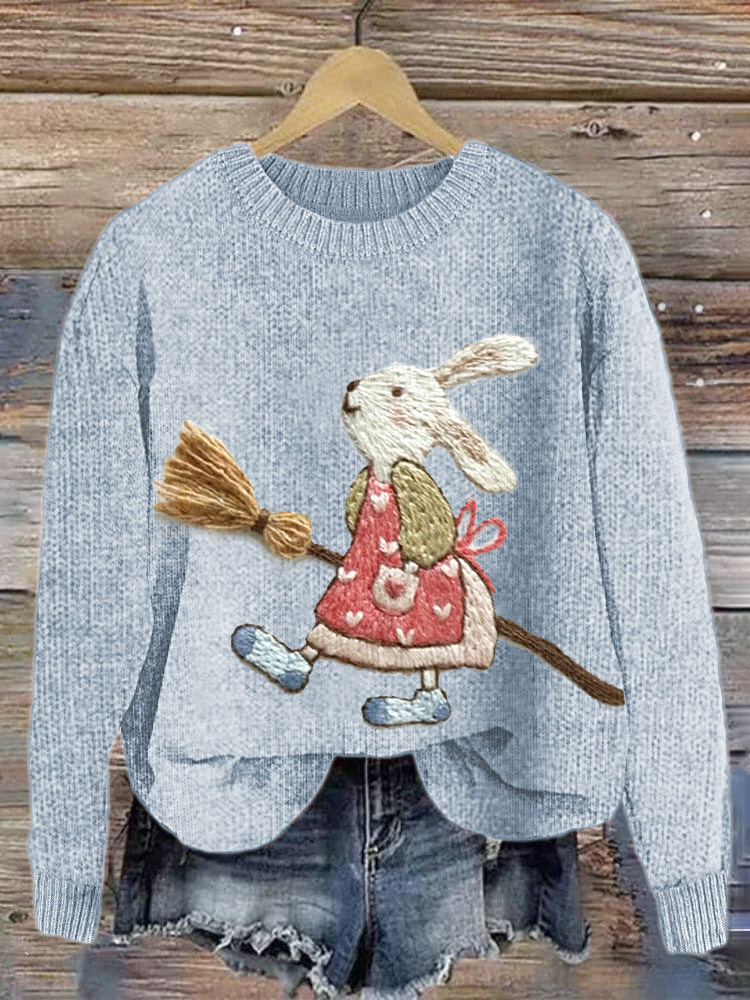 Cute Bunny Embroidery Art Cozy knit Sweater wearshes