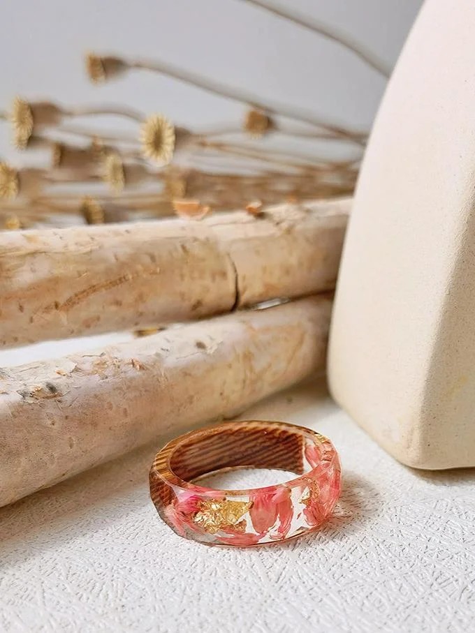 Handmade Dried Flower Inlaid Resin Ring-Gold foil