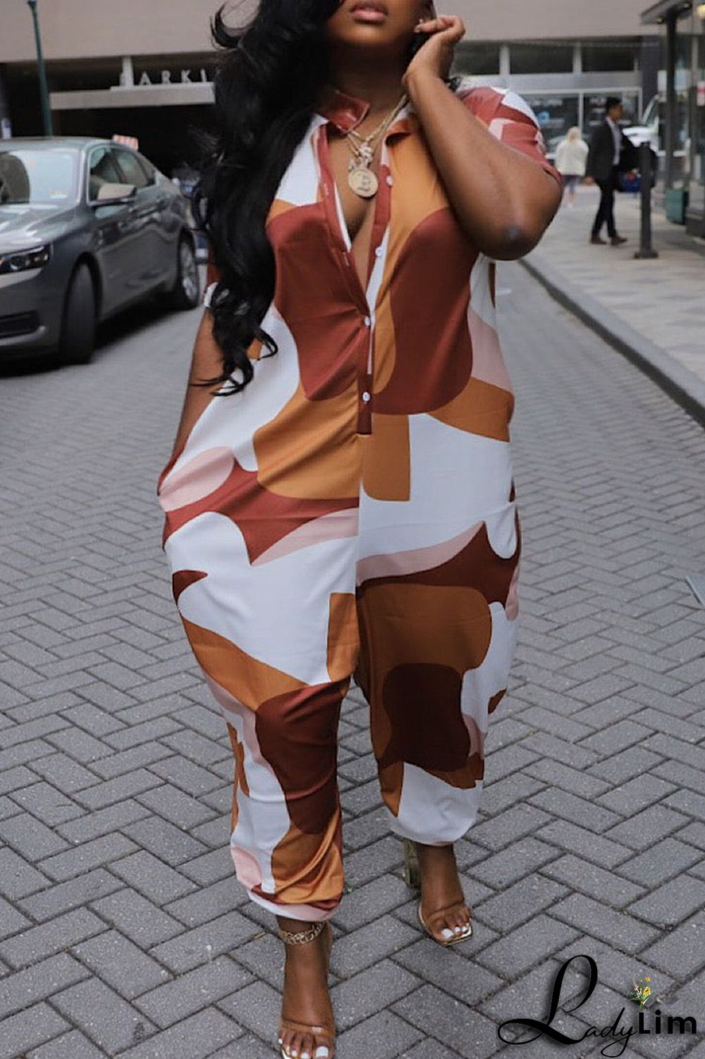 Green Casual Street Print Patchwork Zipper Collar Loose Jumpsuits