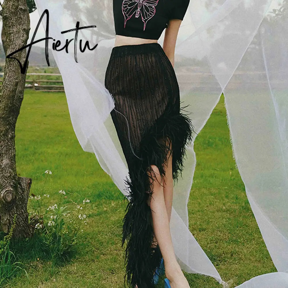 Feathers Hem Skirt For Women High Waist Asymmetrical Solid Sexy Midi Skirts Female Clothing Summer Fashion New Aiertu