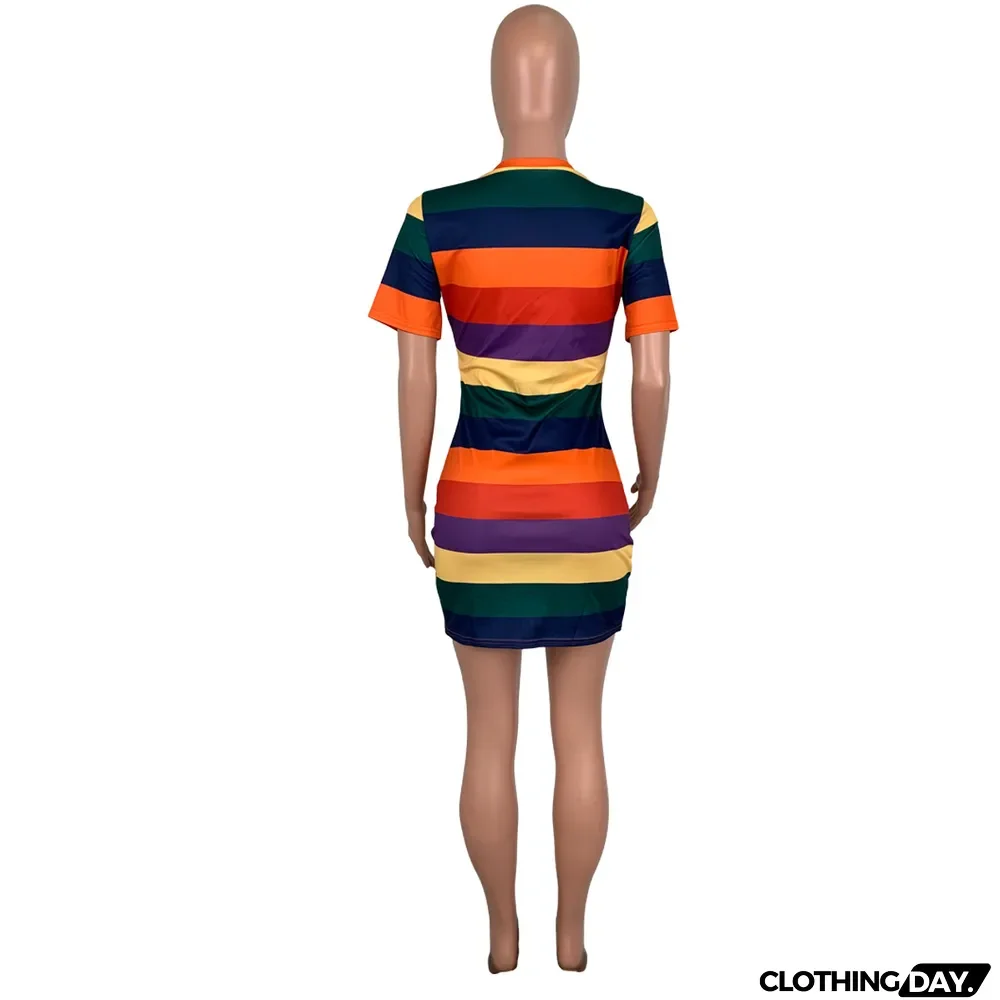 Colorful Stripe Cartoon Short Sleeve Mini Dress