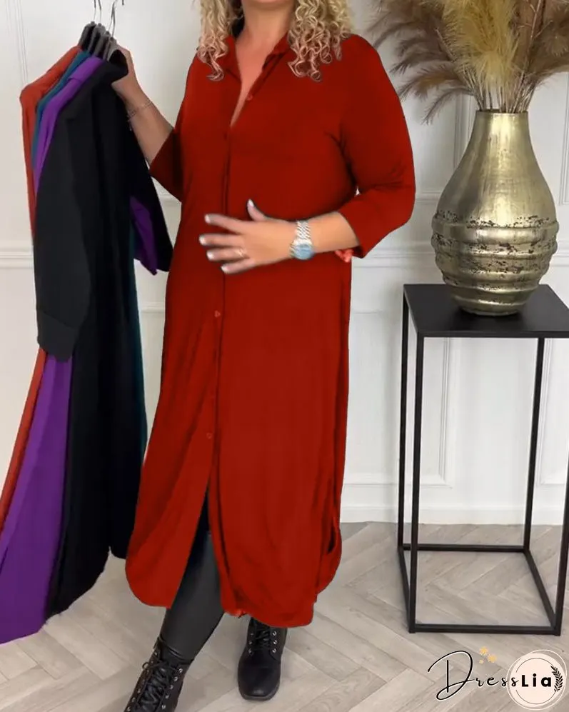 Buttoned solid color shirt dress