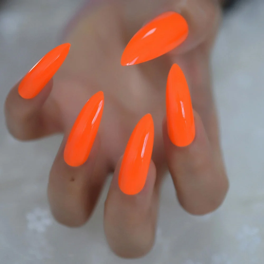 Neon Fake Nails Extremely Long Bright Orange Shiny Press On Nail Carnival Style Decoraion Manicure Tips Salon Nails 24-Nail Inspo