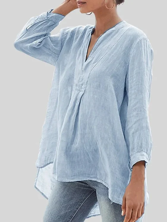 V-Neck Solid Color Short Back Long Sleeve Fashion Shirt