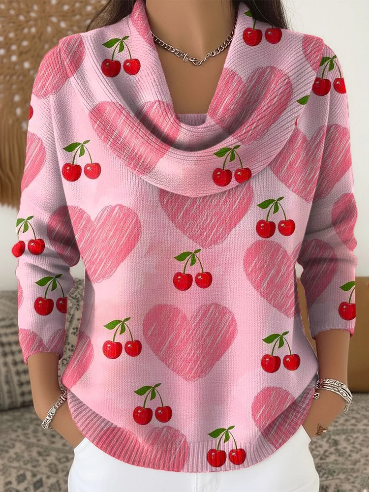 Women's Cherry Pattern Art Print Cowl Neck Sweater