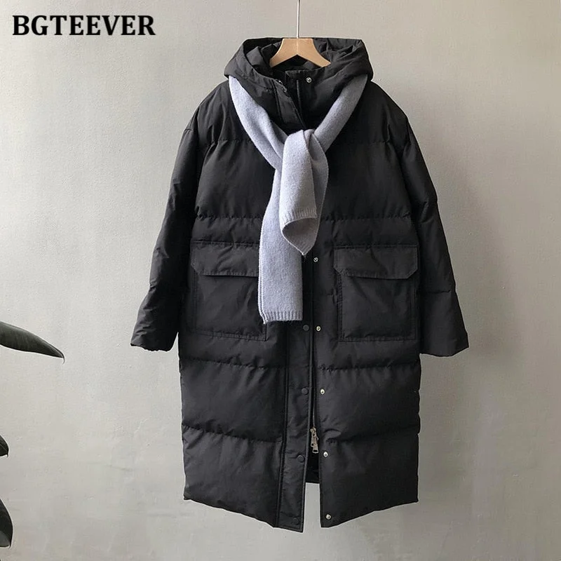 BGTEEVER Thicken Warm Loose Hooded Women Parkas Long Sleeve Cotton Padded Women Down Coats Winter Ladies Down Jackets