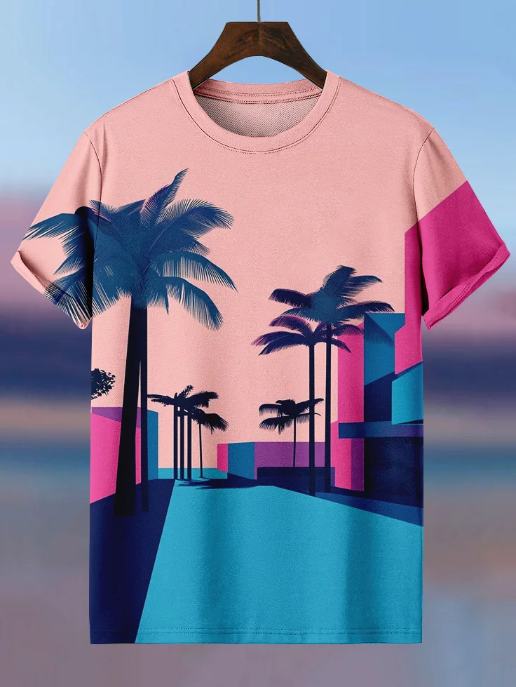 Men's Color Block Hawaiian Trees Art Print Casual T-Shirt