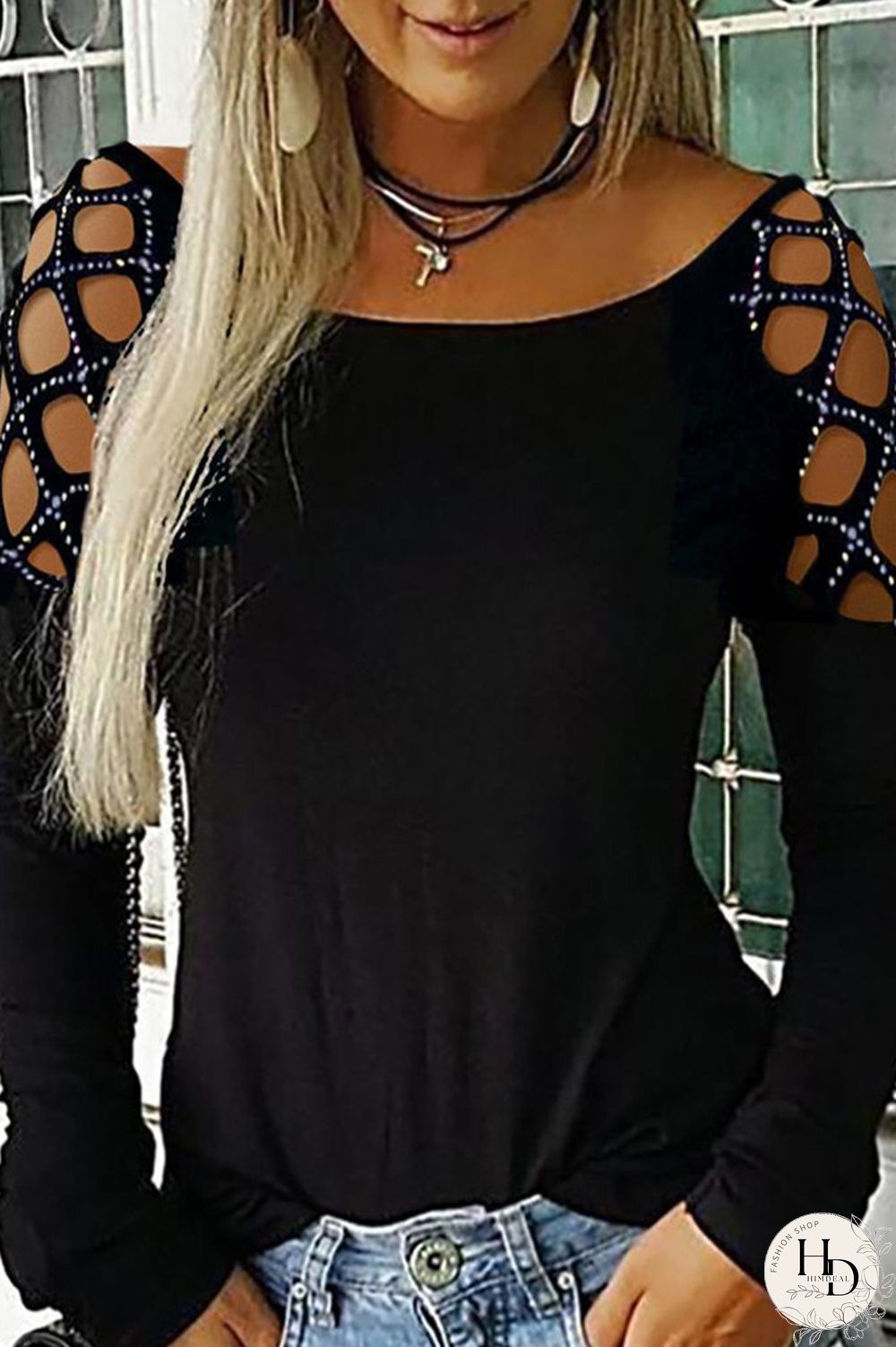 Black Fashion Casual Patchwork Hot Drilling Hollowed Out O Neck Tops