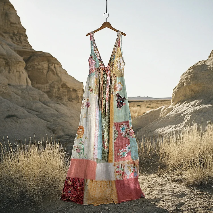 Women's Vintage Bohemian Floral Patchwork Cotton And Linen Dress