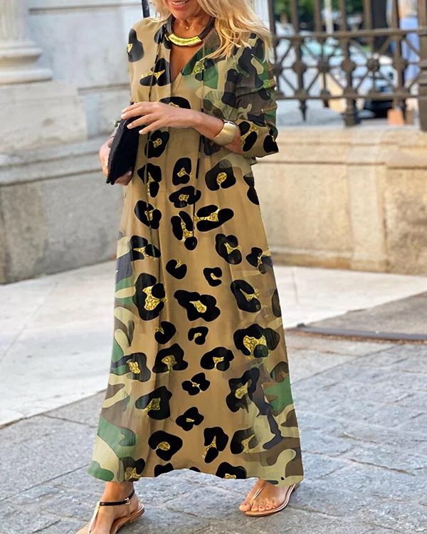 Vintage Camouflage Leopard Print V Neck Long Sleeve Dress