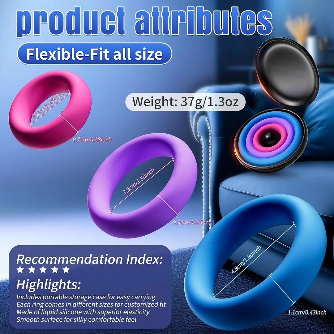 3 Size Stretchy Silicone Cock Ring Set For Men | Delay Training Rings With Case For Longer-lasting Performance