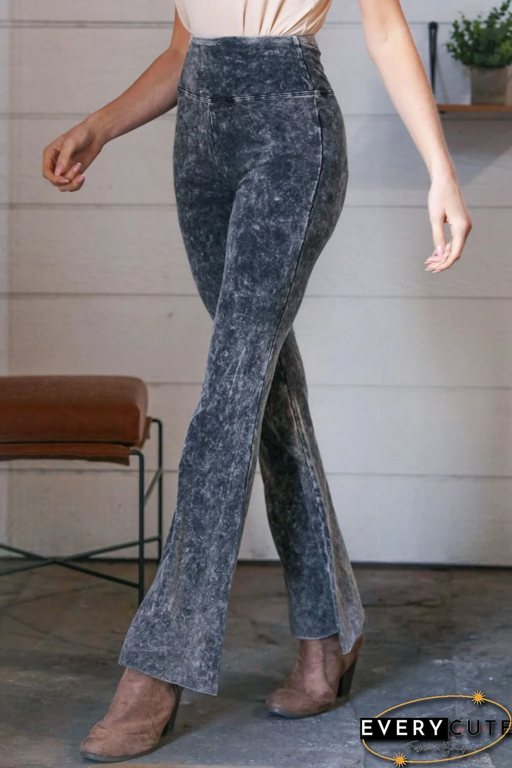 Gray Mineral Wash Retro High Waist Flare Pants