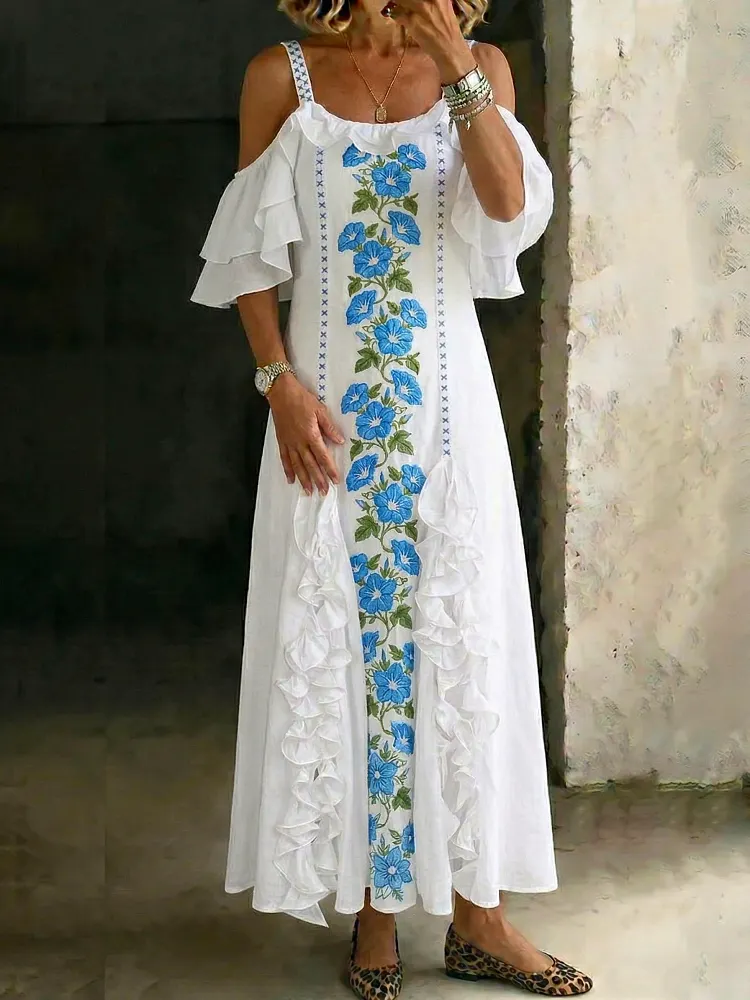 Women's Fashionable Casual Floral-print Ruffle Maxi Dress