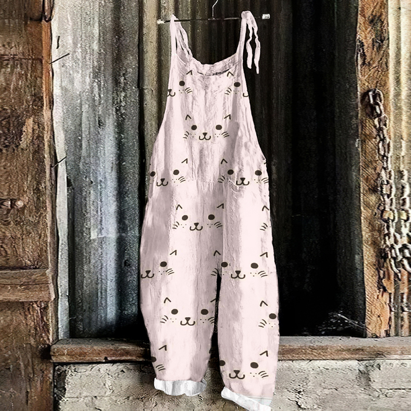 Vintage Pink Cute Cat Printed Casual Loose Jumpsuit