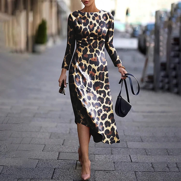 Vefave Leopard Print Irregular Hem Midi Dress