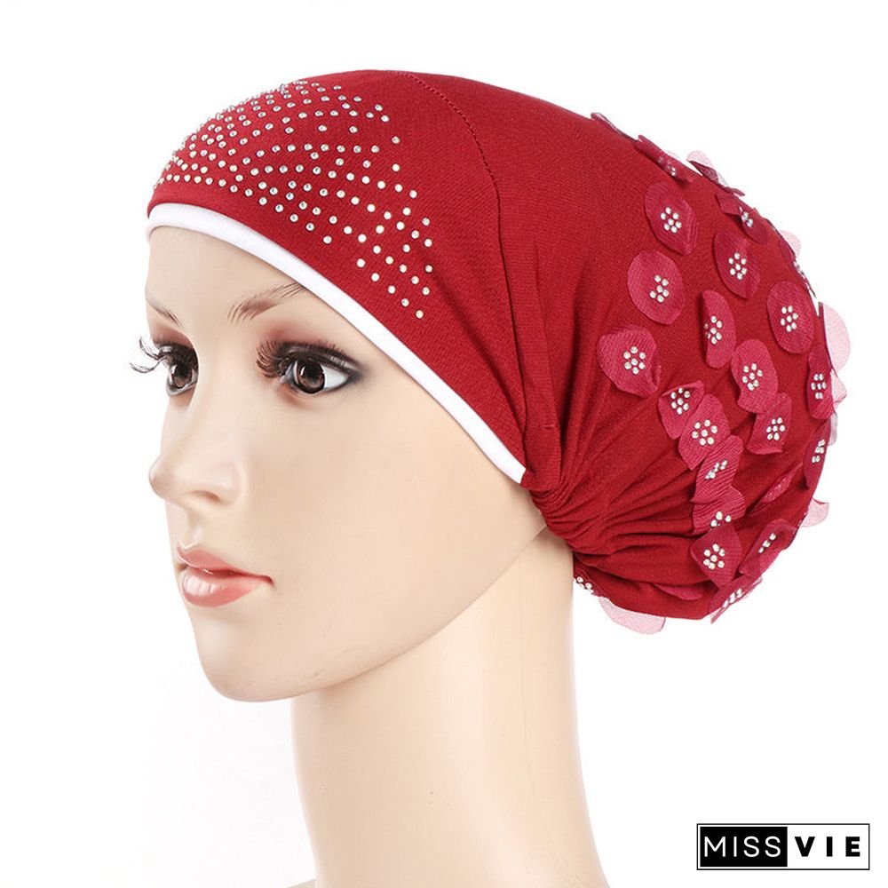 Women's Sequins Flowers Muslim Turban Hat Cap