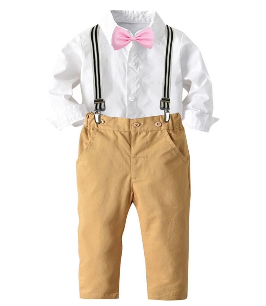 Buzzdaisy Boys White Bow-Tie Cotton Shirt And Khaki Suspender Pants Outfit Set