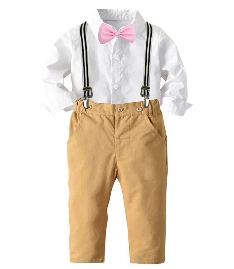 Boys White Bow-Tie Cotton Shirt And Khaki Suspender Pants Outfit Set-Mayoulove