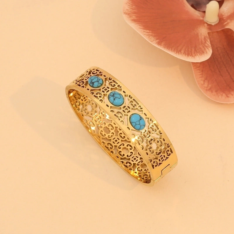 Vintage Style Minimalist Irregular 304 Stainless Steel 18K Gold Plated Turquoise Bangle In Bulk