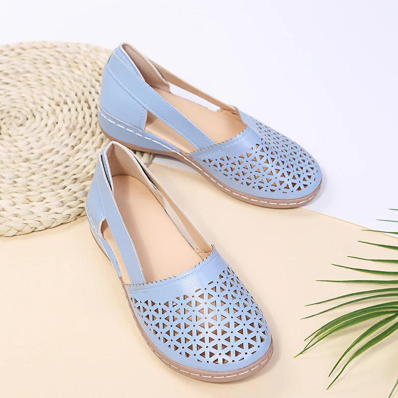 Yyvonne Summer Large-Size Casual Sandals Women's Slope Hollow Pure Color Single Shoes Low-Heeled Sandals Women