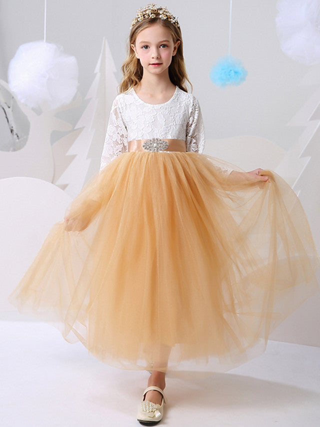 Oknass Ball Gown Long Sleeve Jewel Neck Flower Girl Dresses Polyester With Color Block