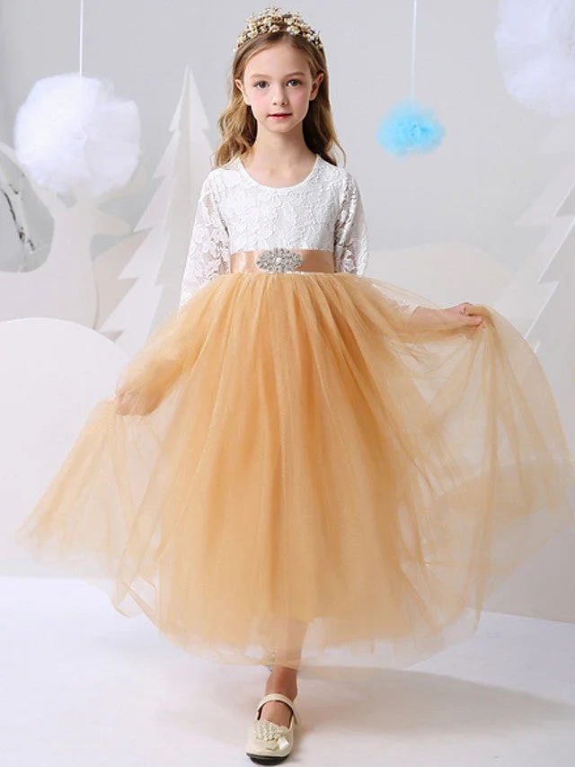 Hellodresses Ball Gown Long Sleeve Jewel Neck Flower Girl Dresses Polyester With Color Block