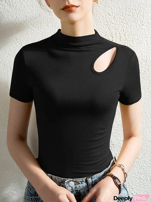 Skinny Hollow Solid Color Half Turtleneck T-Shirts Tops