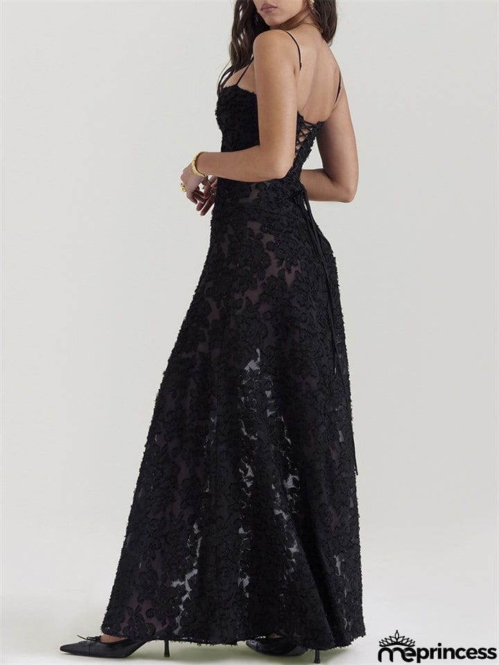 Female Sexy Black Embroidered Strappy Evening Dresses