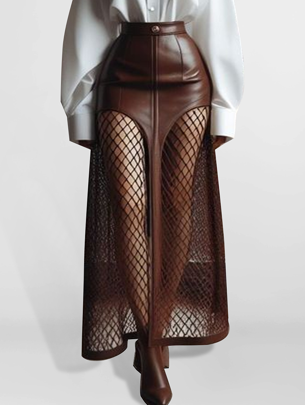 Fashion High Rise Mesh Patchwork See-Through PU Leather Maxi Skirt