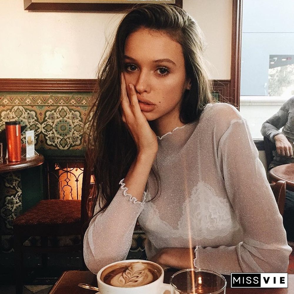 Sexy Mesh Long Sleeve T Shirt Women Summer Transparent Club Party Black Tee Shirts Cutely Thin O Neck Short Tops