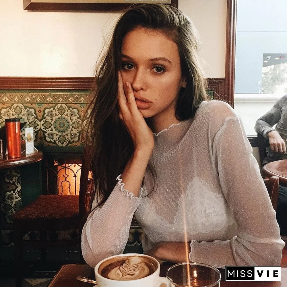 Sexy Mesh Long Sleeve T Shirt Women Summer Transparent Club Party Black Tee Shirts Cutely Thin O Neck Short Tops