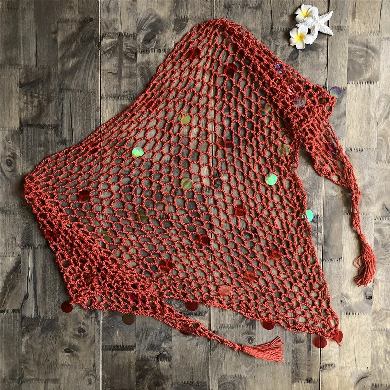 Fitshinling Sequined handmade crochet mesh beach cover up cape swimwear lace sexy hot fringe outerwear bohemian strappy cover-up