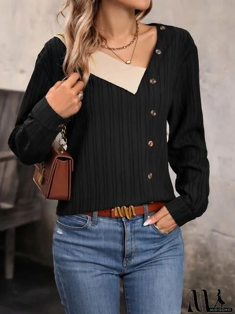MidiSono - Asymmetrical Neck Decorative Button Top