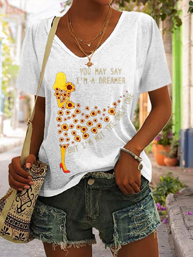 Hippie Sunflower Lady Print T-Shirt
