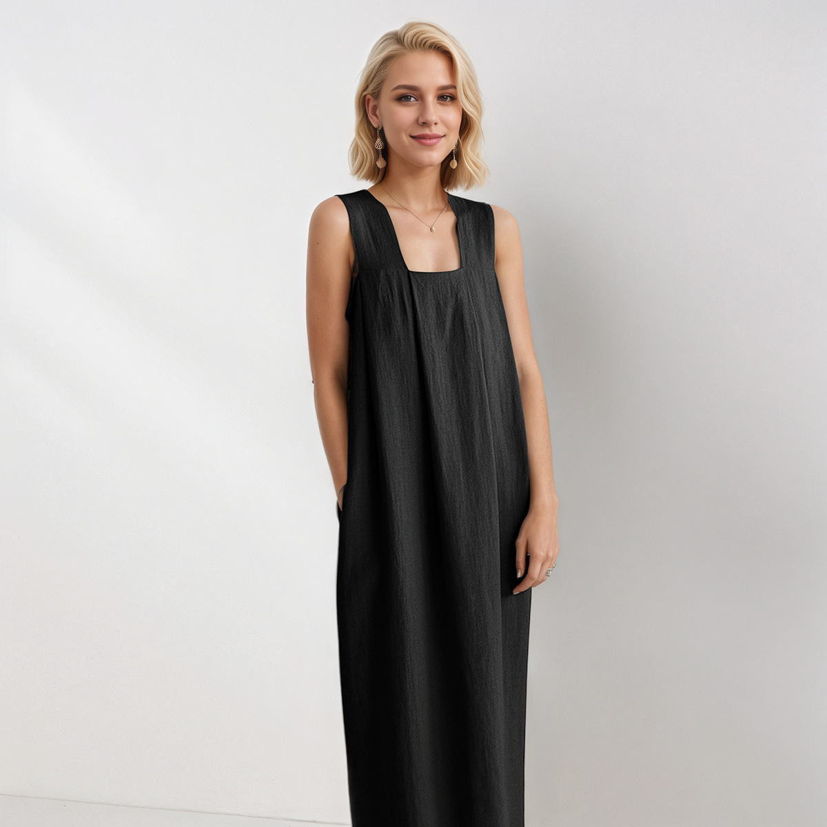 Ramie Dress with Loose Square Neck Sleeveless Long REAL SILK LIFE