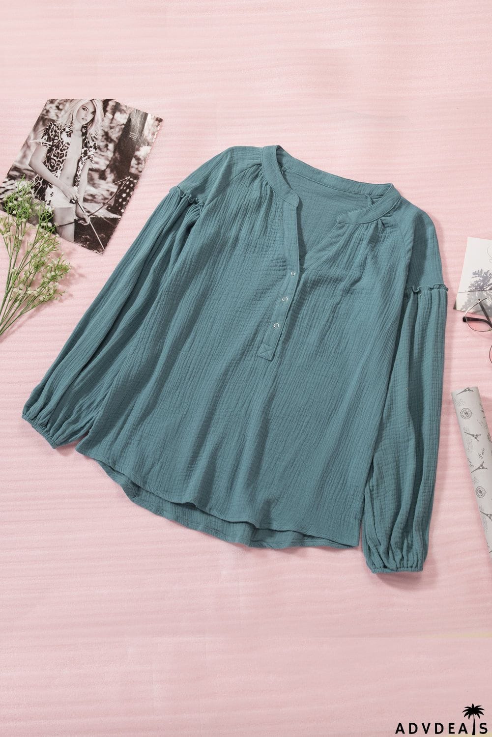 Casual Balloon Sleeve Crinkled Top