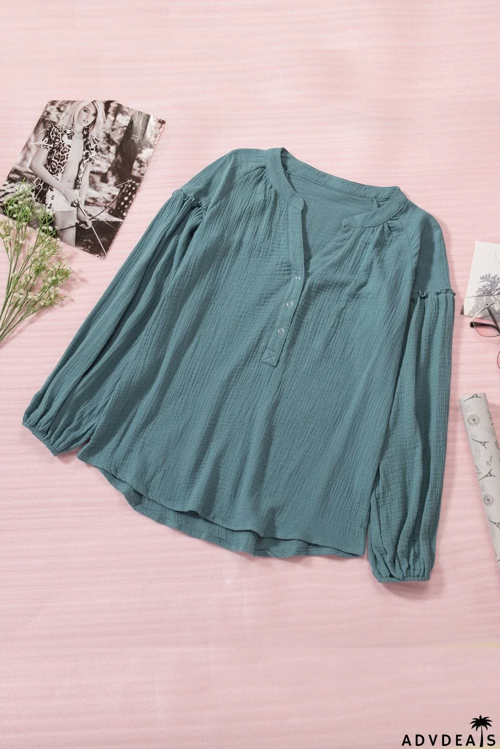 Casual Balloon Sleeve Crinkled Top