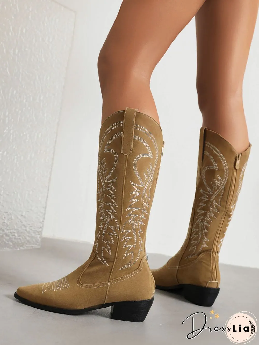 Embroidered Panel Plush Warm Pointed-Toe Cowboy Boots