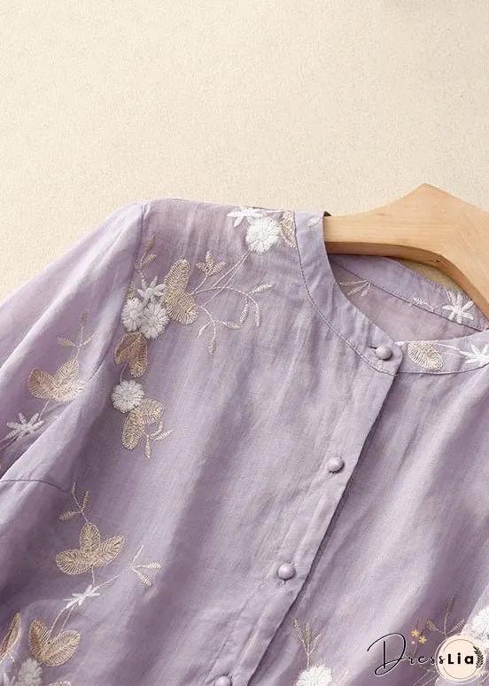 Purple Patchwork Cotton Shirt Tops Stand Collar Embroideried Summer