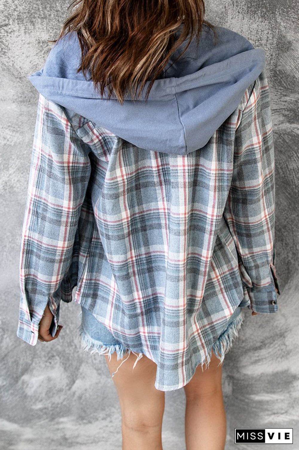 Street Plaid Frenulum Buckle Hooded Collar Tops（4 colors）