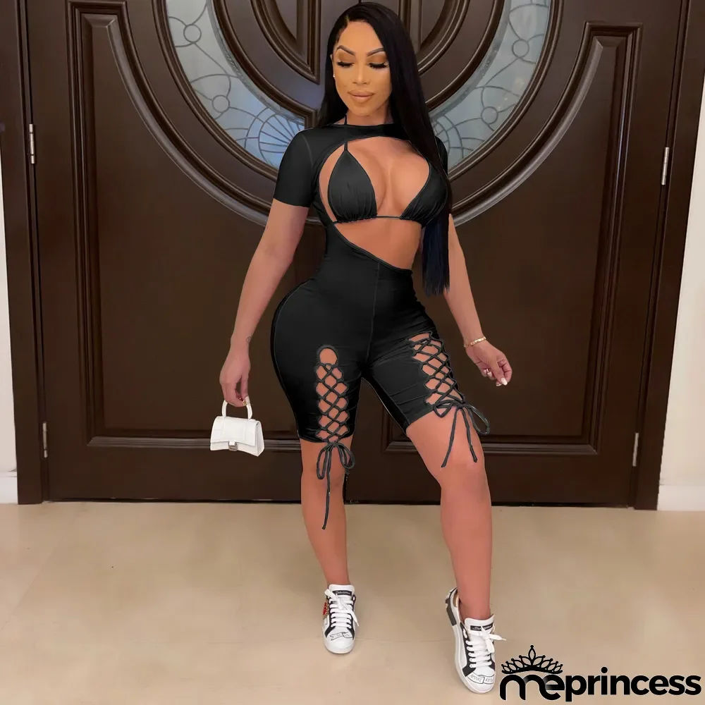 Sexy Short Sleeve Tie-up Romper And Bra Two Piece Sets