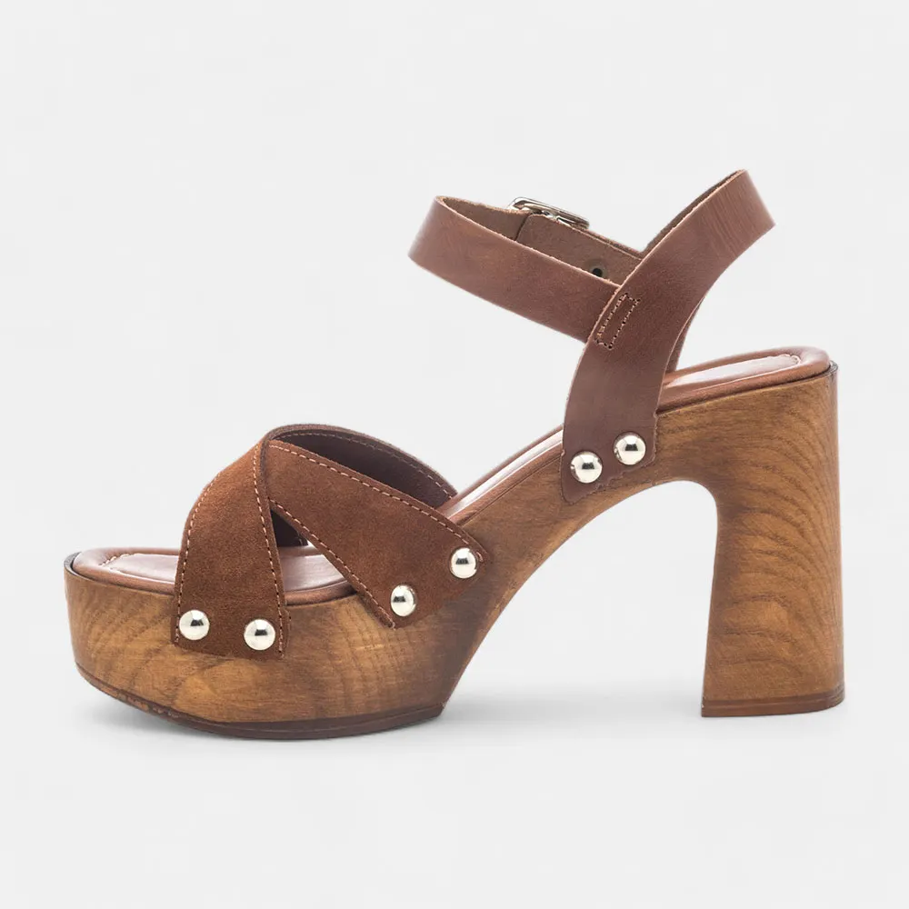 Brown Vegan Leather Open-Toe Studded Strappy Platform Heel Sandals