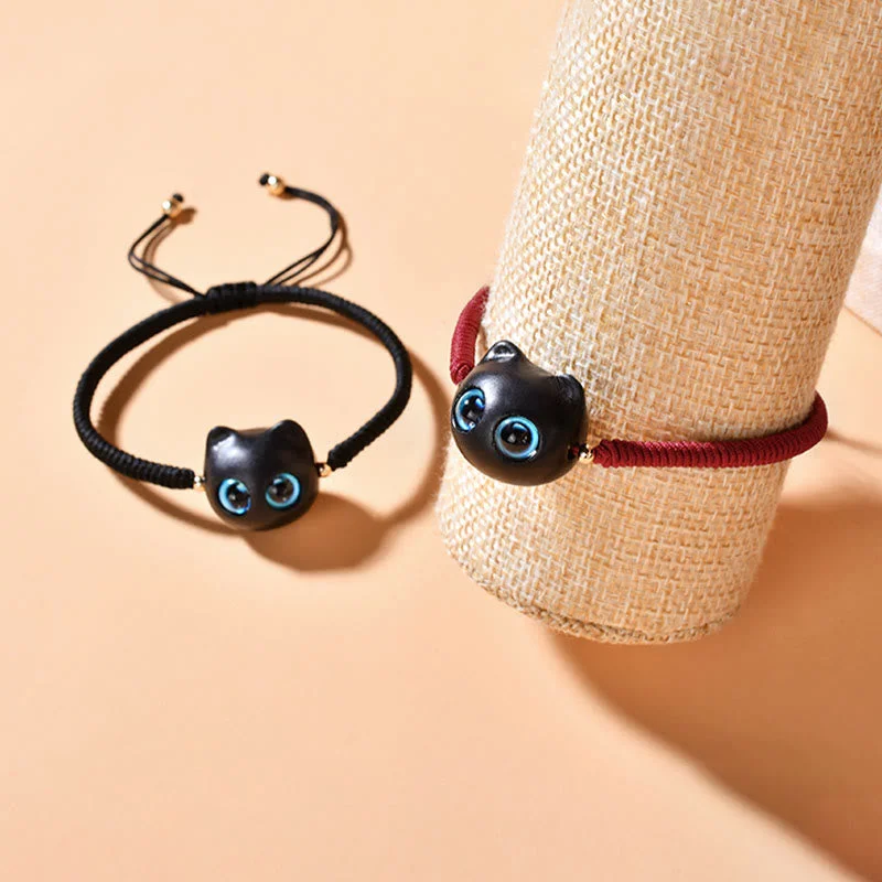 Ebony Wood Cat Head Pattern Peace King Kong Knot Braided Bracelet