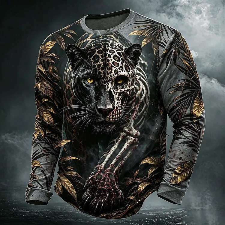 Men's Halloween Tiger Skull And Jungle Print Art Print Crew Neck Long Sleeve Casual T-shirt