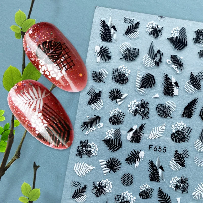 Summer Design 3D Stickers For Nails iridescent Black Gold Flower Leaf Series Decorations Sliders Nail Art Sticker Decals