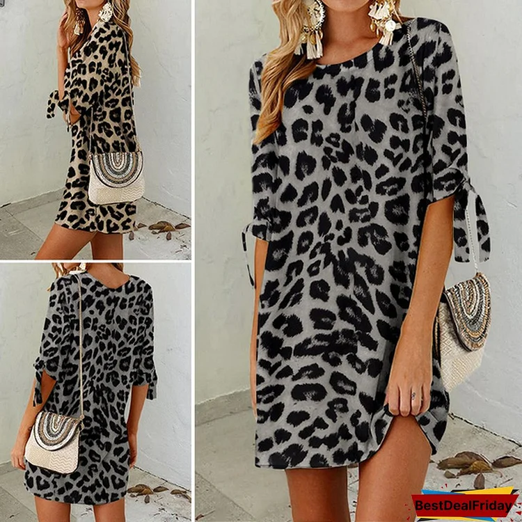 Animal Print Summer Fashion Womens Half Sleeve Leopard Printed Dress Casual Floral Print Mini Dress Plus Size