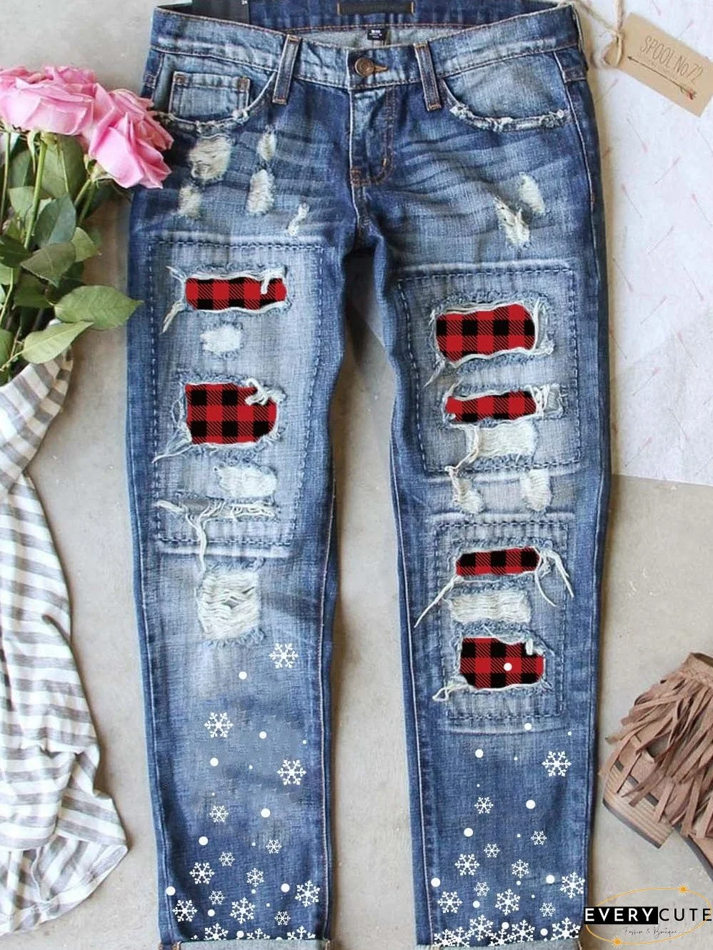 Frosty Blue Tartan Snowflake Patched Denim Pants