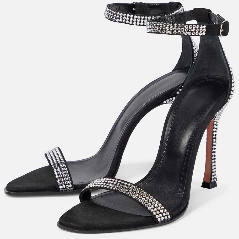 Stylish Black Open Toe Rhinestone Ankle Strap High Heels Sandals Nicepairs