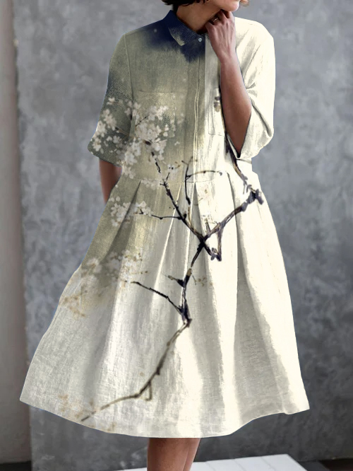 Vintage Floral Art Print Casual Pocket Half Sleeve Dress